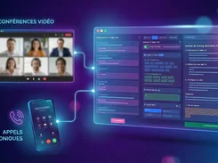 Diagram connecting video meetings and phone calls to Live Assist transcription, analysis, and generated notes panels.