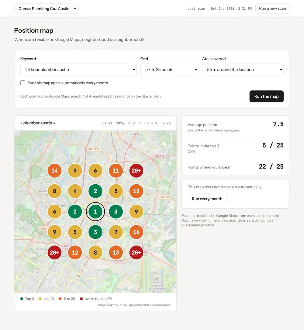 Locametra Position map page showing a 5-by-5 grid of color-coded Google Maps ranking positions around Austin for a plumbing keyword.
