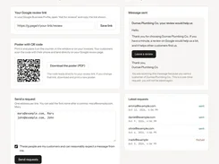 Locametra Review requests page with a Google review link field, QR-code poster download, request message preview, and example request statuses.