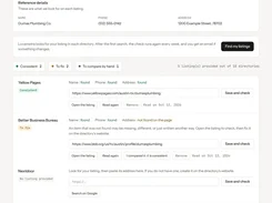 Locametra Directories page showing reference business details and directory-listing consistency checks for Yellow Pages, Better Business Bureau, Nextdoor, and MapQuest.