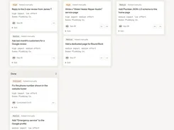 Locametra Actions page displaying a kanban-style board of local-search tasks organized into To do, In progress, Verification, and Done columns.