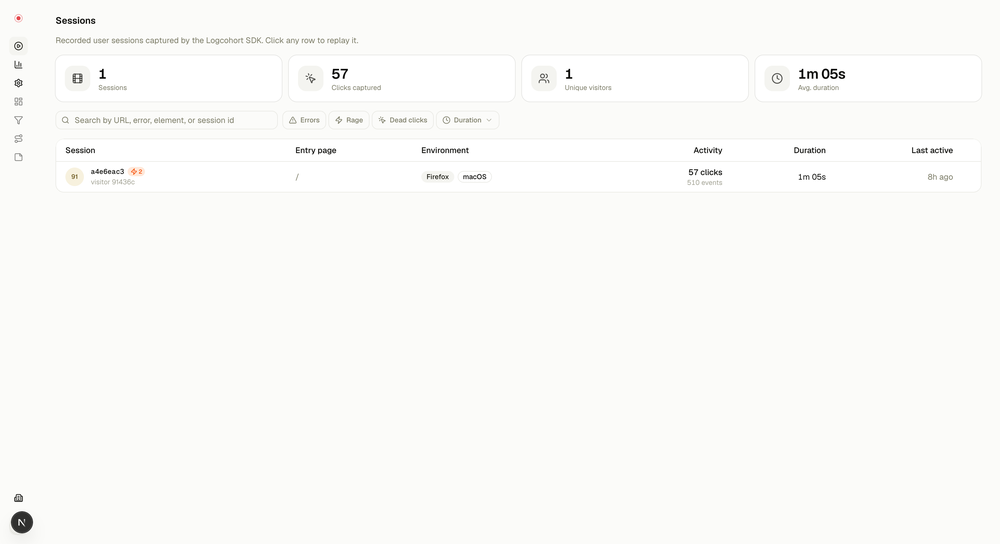  1. Search sessions by URL or error; filter by rage clicks, dead clicks, errors.