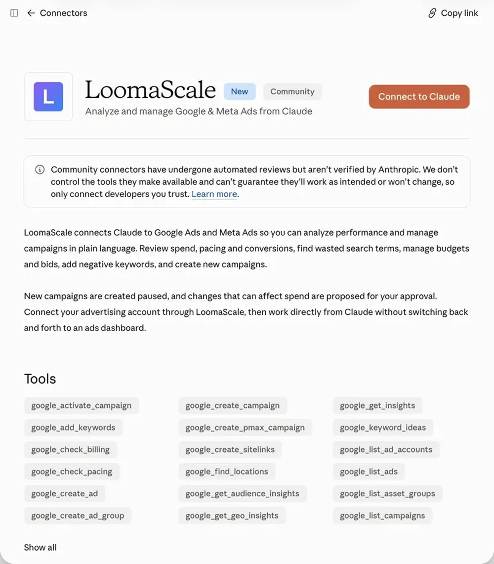 Claude Connectors page for LoomaScale, with a Connect to Claude button, description, and a list of Google Ads tools.