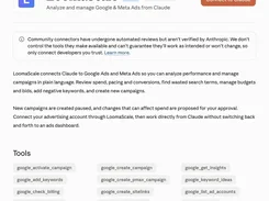 Claude Connectors page for LoomaScale, with a Connect to Claude button, description, and a list of Google Ads tools.