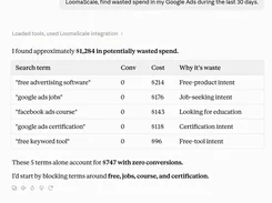 Claude chat showing a LoomaScale query about wasted Google Ads spend and a table identifying five zero-conversion search terms and their costs.