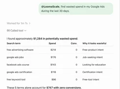 ChatGPT conversation showing a LoomaScale request to find wasted Google Ads spend and a table of search terms, spend, conversions, and waste explanations.