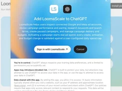 ChatGPT authorization dialog for adding LoomaScale, describing access to connected Google and Meta advertising accounts and showing sign-in and cancel buttons.