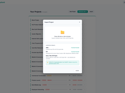 LoopGantt Import Project dialog with file upload and JSON, CSV, Asana, Trello, and MS Project import options.