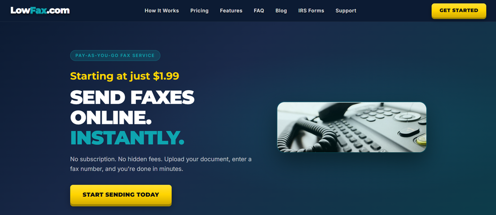 LowFax homepage — send a fax for $1.99