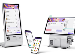 Self-checkout, fixed POS and mobile POS in one system, with promotions shown at the point of sale.
