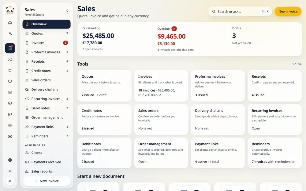 Sales overview dashboard with outstanding and overdue totals, navigation for sales documents, and tool cards for quotes, invoices, receipts, orders, payments, and reminders.
