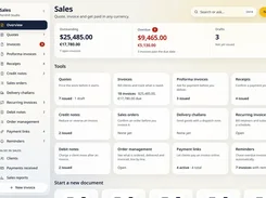 Sales overview dashboard with outstanding and overdue totals, navigation for sales documents, and tool cards for quotes, invoices, receipts, orders, payments, and reminders.