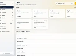 CRM overview dashboard with navigation for clients, contacts, leads, pipeline, forms, and meetings, plus a recently added clients table.