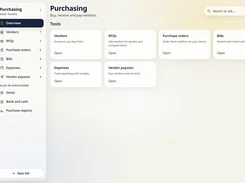 Purchasing overview dashboard with cards for vendors, RFQs, purchase orders, bills, expenses, and vendor payouts.