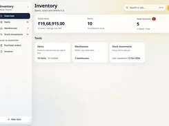 Inventory overview dashboard showing stock value, item and attention counts, and cards for items, warehouses, and stock movements.