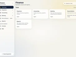 Finance overview dashboard with cards for payments, accounting, banking, reconciliation, and reports.