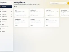 Compliance overview dashboard with GST, e-invoicing, e-way bills, verification, obligations, schemes, and alerts tools.