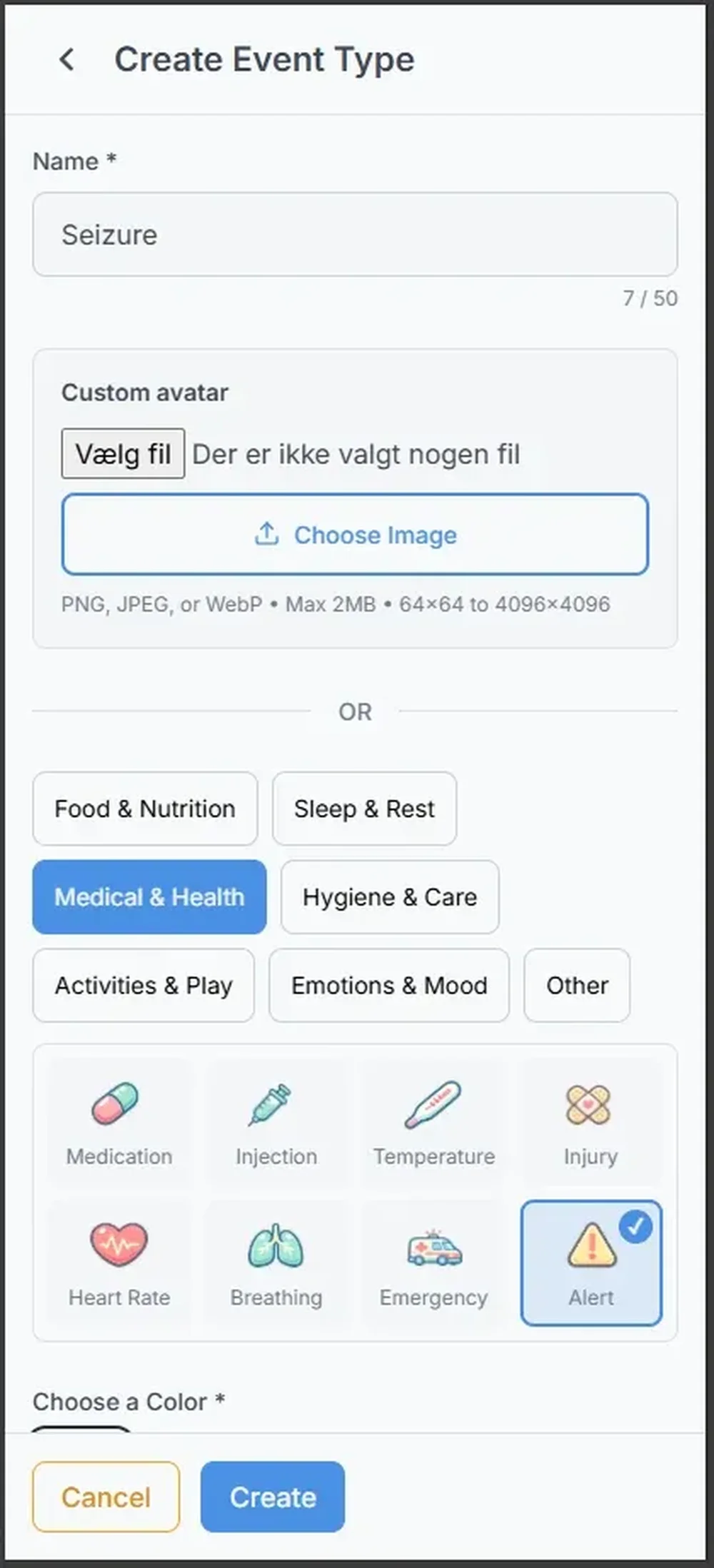 LumaCare Create Event Type form configured for a seizure event, with category, icon, and image-selection controls.