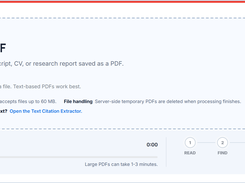 LumaCite PDF upload screen with Choose PDF and Try a sample PDF buttons and a six-step processing status area.