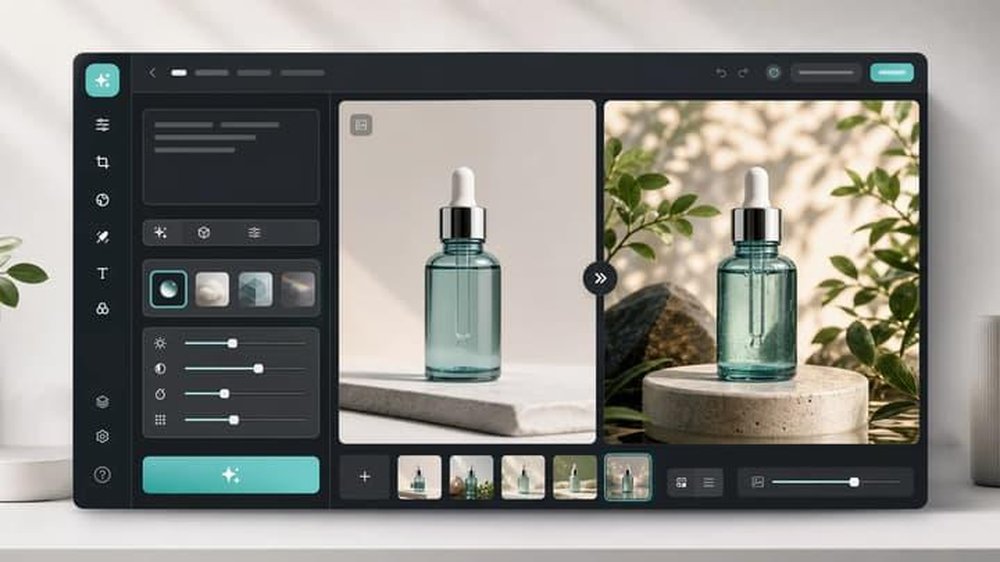 A dark image-editing interface displaying two photos of a glass dropper bottle, adjustment controls, tool icons, and a thumbnail strip.