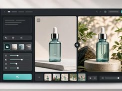 A dark image-editing interface displaying two photos of a glass dropper bottle, adjustment controls, tool icons, and a thumbnail strip.