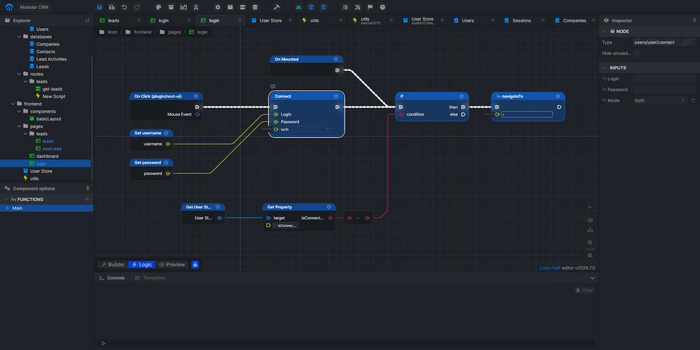Luna Park editor in Logic mode showing a CRM login workflow with connected event, database, condition, and navigation nodes.