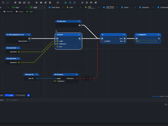 Luna Park editor in Logic mode showing a CRM login workflow with connected event, database, condition, and navigation nodes.