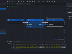 Luna Park editor Logic view showing a route workflow from Route Input through DB Find to Route Output, with console output below.
