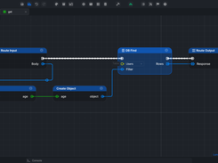 Luna Park Logic view showing a route that filters the Users database using Route Input, Spread, Create Object, DB Find, and Route Output nodes.