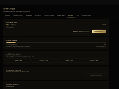Billing — plan, cycle usage and page bundles. No automatic overage charges