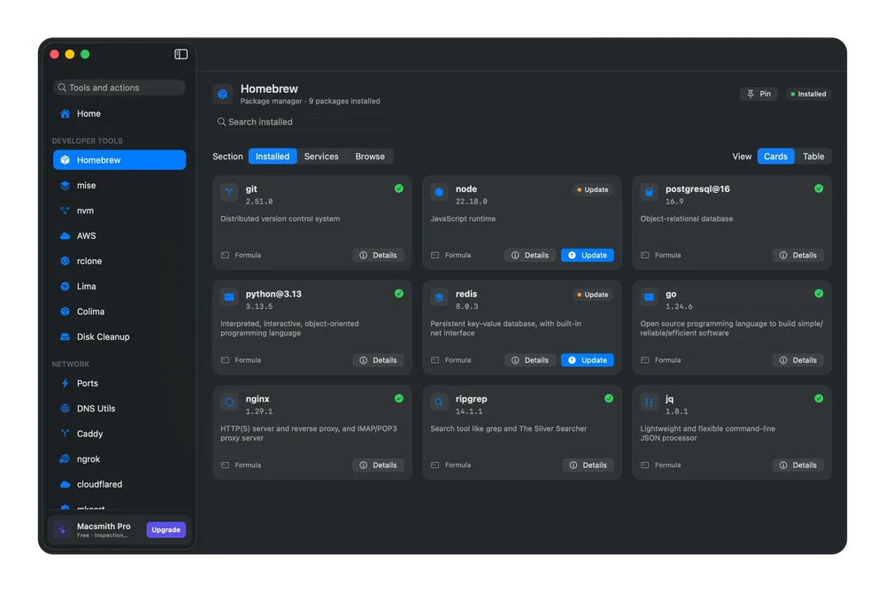 Dark-mode Macsmith window showing the Homebrew package manager with installed package cards for git, node, postgresql, python, redis, go, nginx, ripgrep, and jq.
