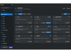 Dark-mode Macsmith window showing the Homebrew package manager with installed package cards for git, node, postgresql, python, redis, go, nginx, ripgrep, and jq.