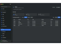 Dark-mode Macsmith Ports view listing four listening processes with ports, process names, PIDs, user label, addresses, and network types.