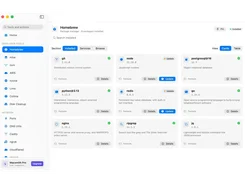 Light-mode Macsmith Homebrew package manager view with a sidebar of developer and network tools and installed package cards.