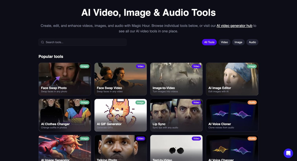 Magic Hour AI video, image, and audio tools — 100+ browser-based generators and editors