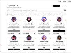 MagiCrew “Crew Market” screen with search and category controls and cards for digital crew roles including Procurement Copilot, Knowledge Navigator, Data Insights Analyst, and Project Manager.