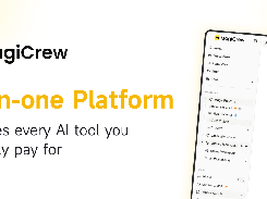 MagiCrew promotional graphic showing the MagiCrew logo, the text “All-in-one Platform,” and part of the workspace interface with a sidebar and AI assistant selection area.
