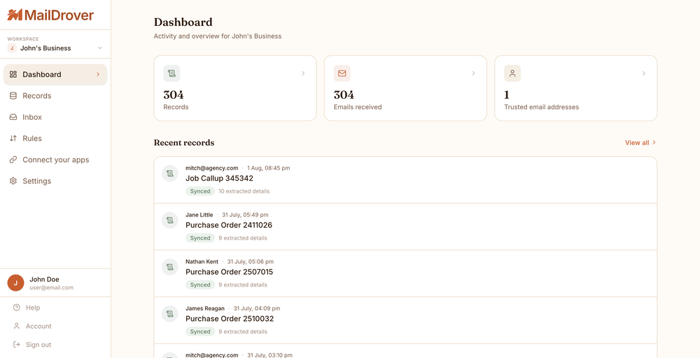 MailDrover business dashboard