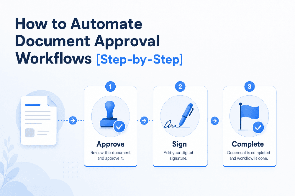 Diagram titled “How to Automate Document Approval Workflows [Step-by-Step]” showing document approval, digital signing, and completion steps connected by arrows.