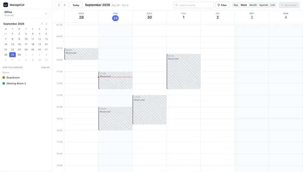 ManageCal weekly calendar view for September 28 to October 4, 2026, showing striped Reserved blocks for Boardroom and Meeting Room 2.
