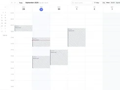 ManageCal weekly calendar view for September 28 to October 4, 2026, showing striped Reserved blocks for Boardroom and Meeting Room 2.
