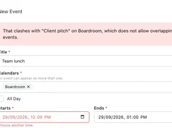 ManageCal New Event dialog with a scheduling-conflict warning for a Team lunch event overlapping with Client pitch in the Boardroom.