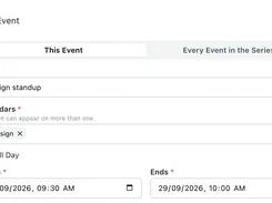 ManageCal Edit Event dialog for a Design standup recurring event, with options to edit this event or every event in the series.