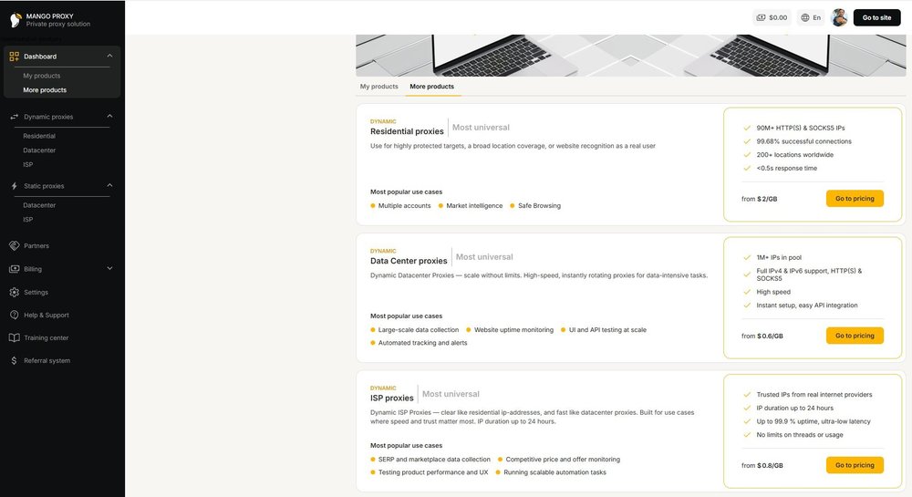 Convenient pricing catalog: compare proxy types, key parameters, and pricing in a single view to quickly choose the right product