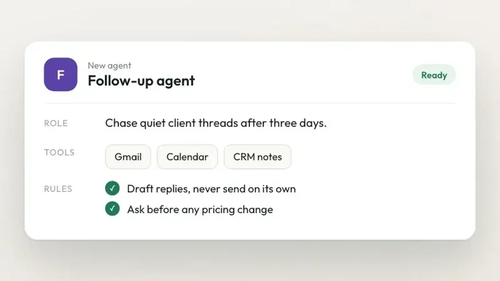 Follow-up agent configuration with Gmail, Calendar, CRM notes, and reply safeguards.
