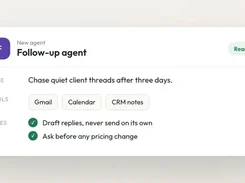 Follow-up agent configuration with Gmail, Calendar, CRM notes, and reply safeguards.