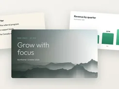 Business-update cards with quarterly plans, revenue chart, and presentation cover.