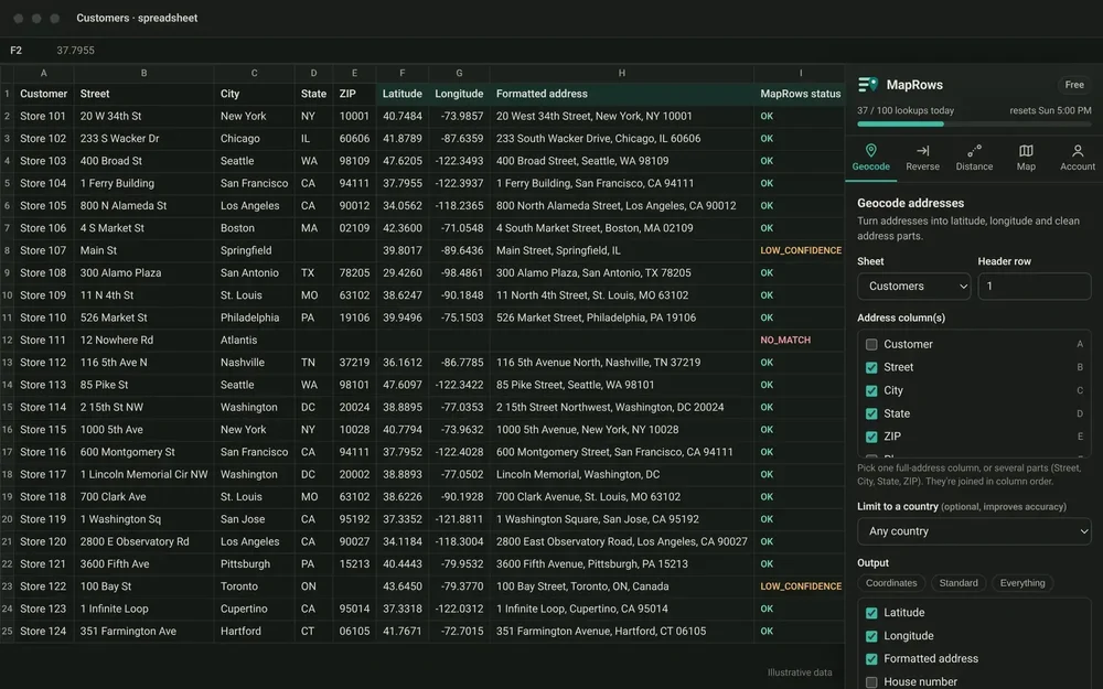 MapRows geocoding panel adds coordinates, formatted addresses, and status results to a spreadsheet.