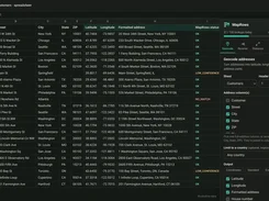 MapRows geocoding panel adds coordinates, formatted addresses, and status results to a spreadsheet.