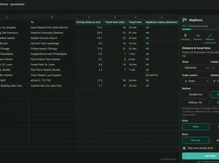 MapRows distance tool calculates driving distance and travel time between spreadsheet origin and destination columns.